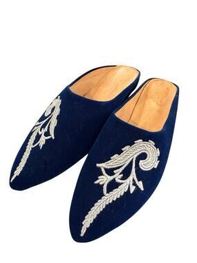 Atelier Womens Navy Velvet Mules Metallic Embroidery Ethnic Size 8